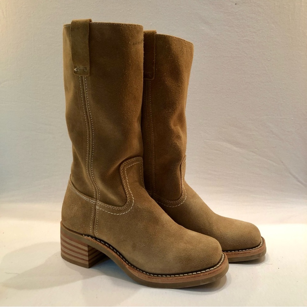 FRYE CAMPUS 12R Tan Mid Calf Suede Leather Boots Stacked wood heel Round toe 6.5 - Picture 15 of 15